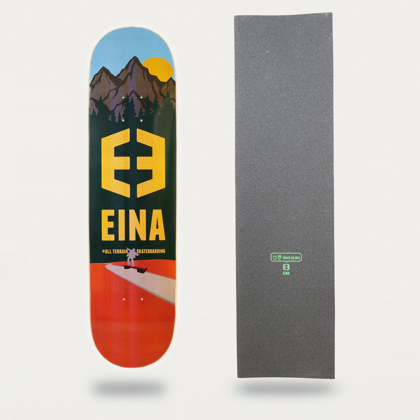 Tabla de Eina skateboard company "all terrain skateboarding" 8 pulgadas con "lija skate or die"