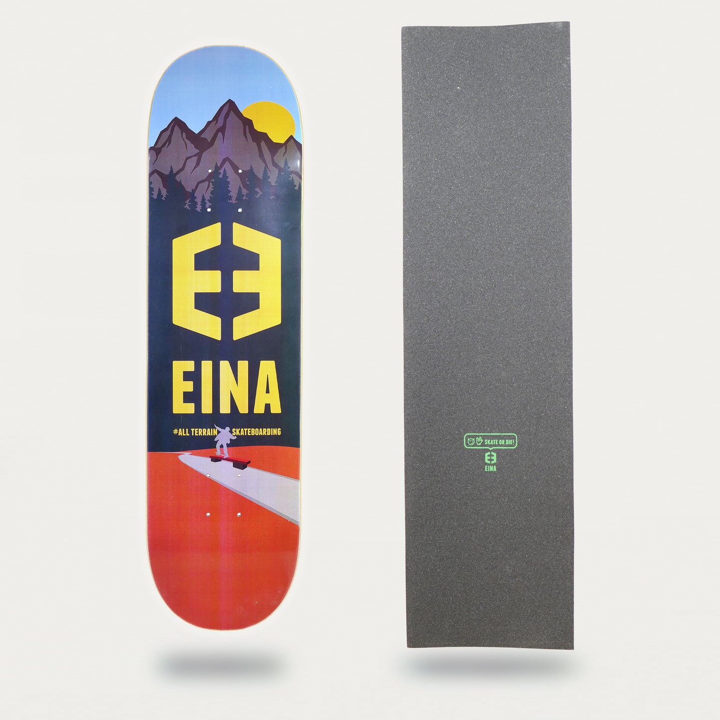 Tabla de Eina skateboard company "all terrain skateboarding" 8,25 pulgadas con "lija skate or die"