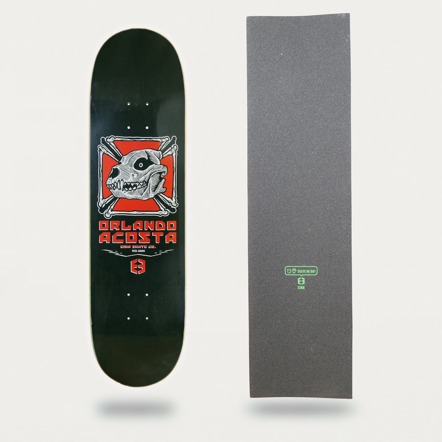 Tabla de Eina skateboard company Orlando Acosta "Presa Canario" 8,5 pulgadas con "lija skate or die"